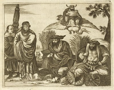 Kinesiske købmænd, der rådfører sig med spåkoner for at sikre en sikker rejse, illustration fra en beskrivelse af ambassader til Kina, 1690 af English School